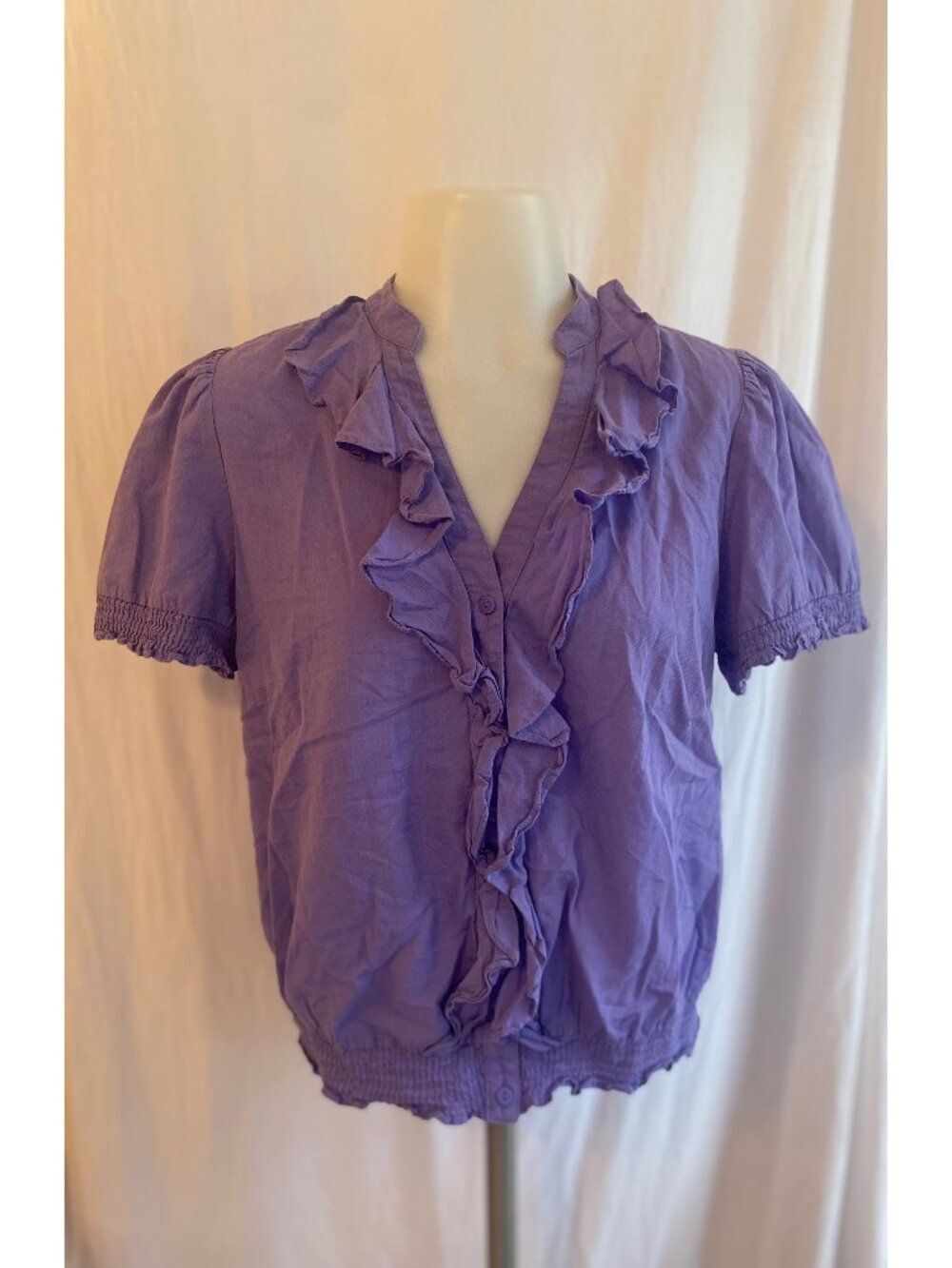 A.N.A A New Approach Purple Ruffle Short Sleeve Peasant Blouse